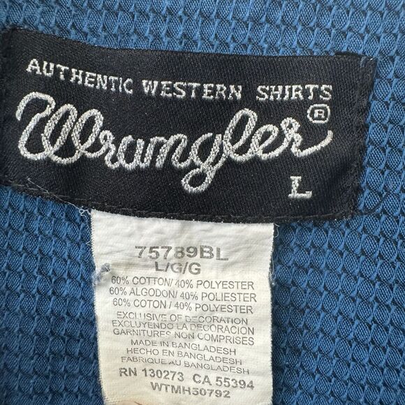 Wrangler Western Shirt Mens Large Blue Embroidered Pearl Snap - Picture 3 of 6